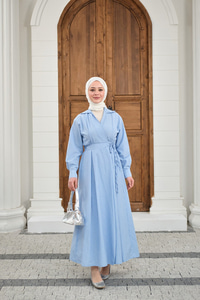 Yan Bağlamalı Çizgili Elbise Mavi