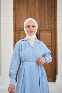 Yan Bağlamalı Çizgili Elbise Mavi