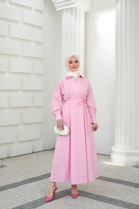 Yan Bağlamalı Çizgili Elbise Pembe