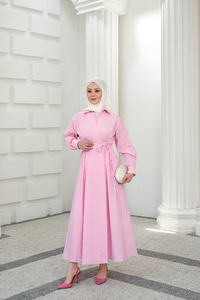 Yan Bağlamalı Çizgili Elbise Pembe