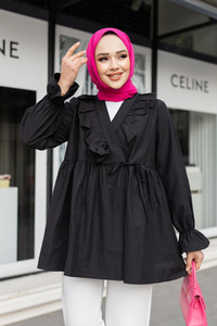 YAN BAGLAMALI FIRFIR DETAY TUNIK SIYAH