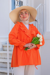 YAN BAGLAMALI FIRFIR DETAY TUNIK TURUNCU