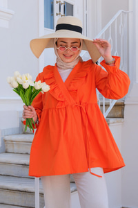 YAN BAGLAMALI FIRFIR DETAY TUNIK TURUNCU