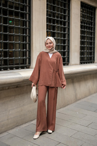 Yan Bağlamalı İkili Kimono Takım Açık Kahve