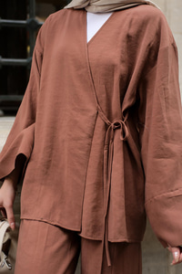 Yan Bağlamalı İkili Kimono Takım Açık Kahve