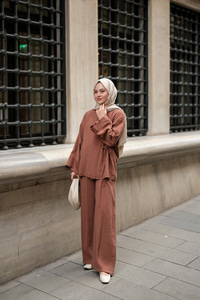 Yan Bağlamalı İkili Kimono Takım Açık Kahve