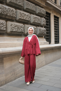Yan Bağlamalı İkili Kimono Takım Bordo