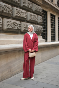 Yan Bağlamalı İkili Kimono Takım Bordo