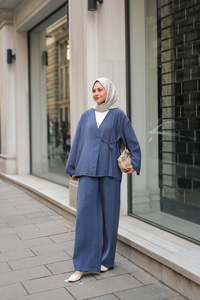 Yan Bağlamalı İkili Kimono Takım İndigo Mavi