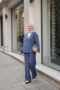 Yan Bağlamalı İkili Kimono Takım İndigo Mavi