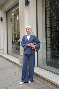 Yan Bağlamalı İkili Kimono Takım İndigo Mavi