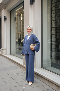 Yan Bağlamalı İkili Kimono Takım İndigo Mavi