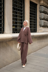 Yan Bağlamalı İkili Kimono Takım Kahverengi