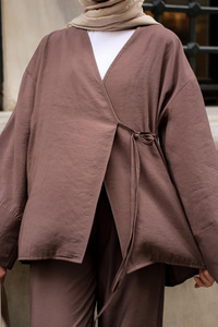 Yan Bağlamalı İkili Kimono Takım Kahverengi