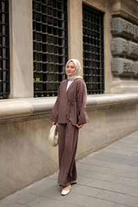 Yan Bağlamalı İkili Kimono Takım Kahverengi