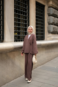 Yan Bağlamalı İkili Kimono Takım Kahverengi