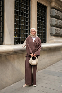 Yan Bağlamalı İkili Kimono Takım Kahverengi