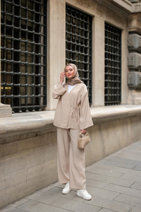 Yan Bağlamalı İkili Kimono Takım Krem
