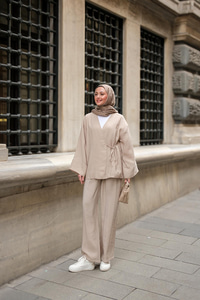 Yan Bağlamalı İkili Kimono Takım Krem