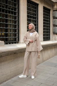 Yan Bağlamalı İkili Kimono Takım Krem