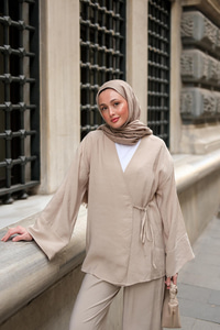 Yan Bağlamalı İkili Kimono Takım Krem