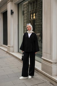 Yan Bağlamalı İkili Kimono Takım Siyah