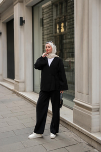 Yan Bağlamalı İkili Kimono Takım Siyah