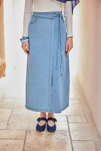 Yan Bağlamalı Jean Etek Buz Mavi