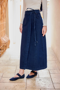 Yan Bağlamalı Jean Etek Koyu Mavi