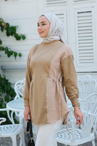 Yan Bağlamalı Kareli Tunik  Vizon