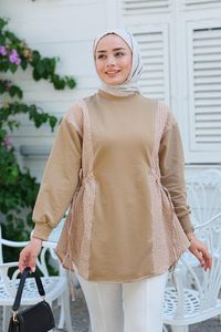 Yan Bağlamalı Kareli Tunik  Vizon