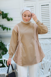 Yan Bağlamalı Kareli Tunik  Vizon