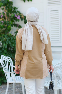 Yan Bağlamalı Kareli Tunik  Vizon