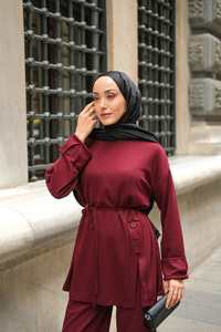 Yan Düğme Detay Takım Bordo