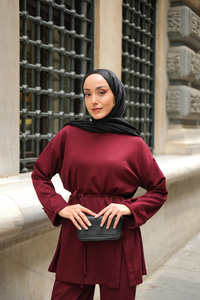 Yan Düğme Detay Takım Bordo