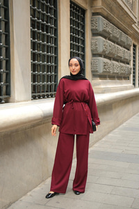 Yan Düğme Detay Takım Bordo