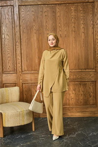 Yan Düğme Detay Takım Hardal