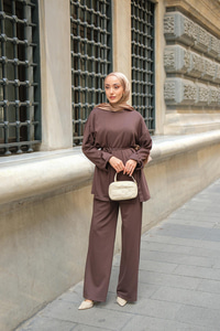 Yan Düğme Detay Takım Kahverengi