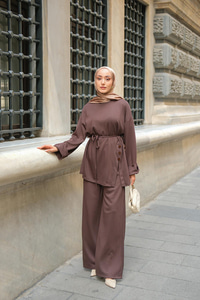 Yan Düğme Detay Takım Kahverengi