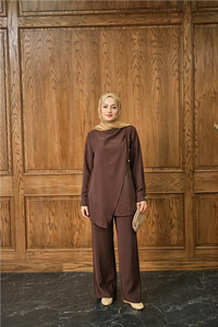 Yan Düğme Detay Takım Kahverengi