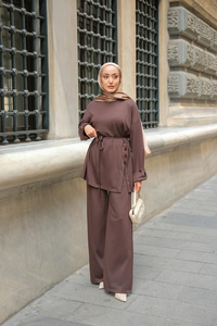 Yan Düğme Detay Takım Kahverengi