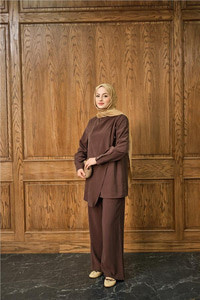 Yan Düğme Detay Takım Kahverengi