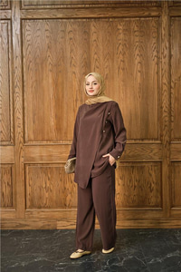 Yan Düğme Detay Takım Kahverengi