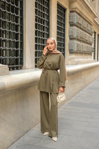 Yan Düğme Detay Takım Koyu Yeşil