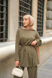 Yan Düğme Detay Takım Koyu Yeşil