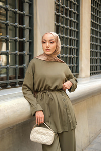 Yan Düğme Detay Takım Koyu Yeşil