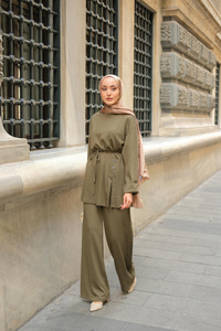 Yan Düğme Detay Takım Koyu Yeşil