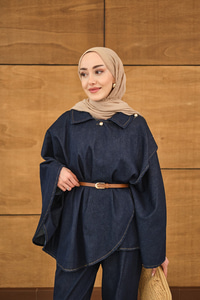 Yan Düğme Detaylı Kot Takım Lacivert