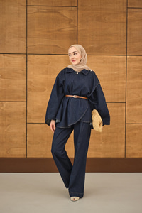 Yan Düğme Detaylı Kot Takım Lacivert