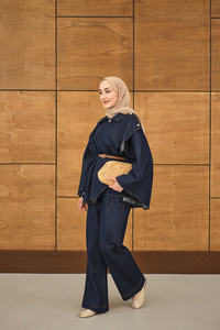 Yan Düğme Detaylı Kot Takım Lacivert